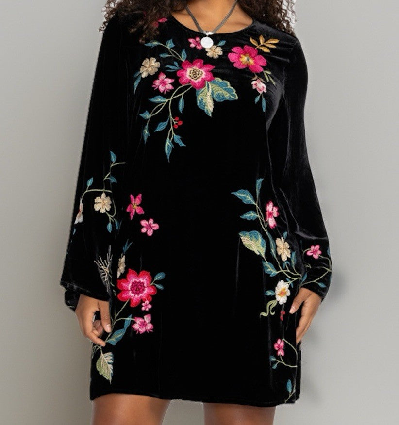 Johnny Was XL Black Velvet Shift Mini Dress Floral Tunic Kimono Sleeves BOHO Johnny Was