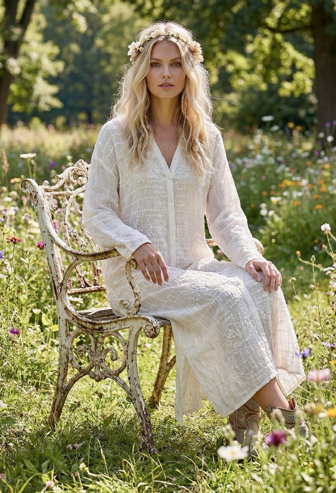 Johnny Was 2X Ivory Maxi Dress Silky Embroidery & Lace Kimono BOHO Beach Wedding Johnny Was