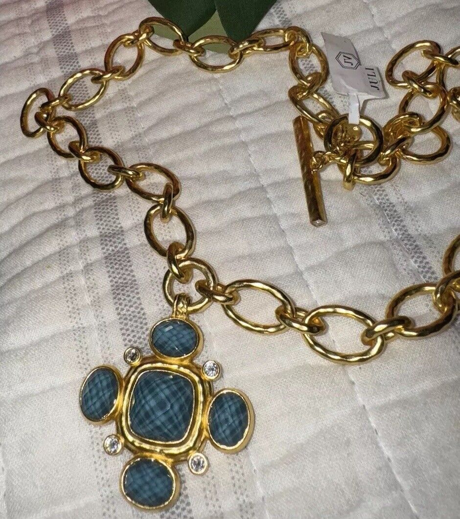 Julie Vos Statement Necklace Peacock Blue & 24k Gold Plated Toggle Link