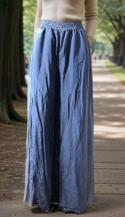 Johnny Was 100% Silk WIDE LEG Blue & Grey Ombré Pants Sz M Perfect W/ Kimono