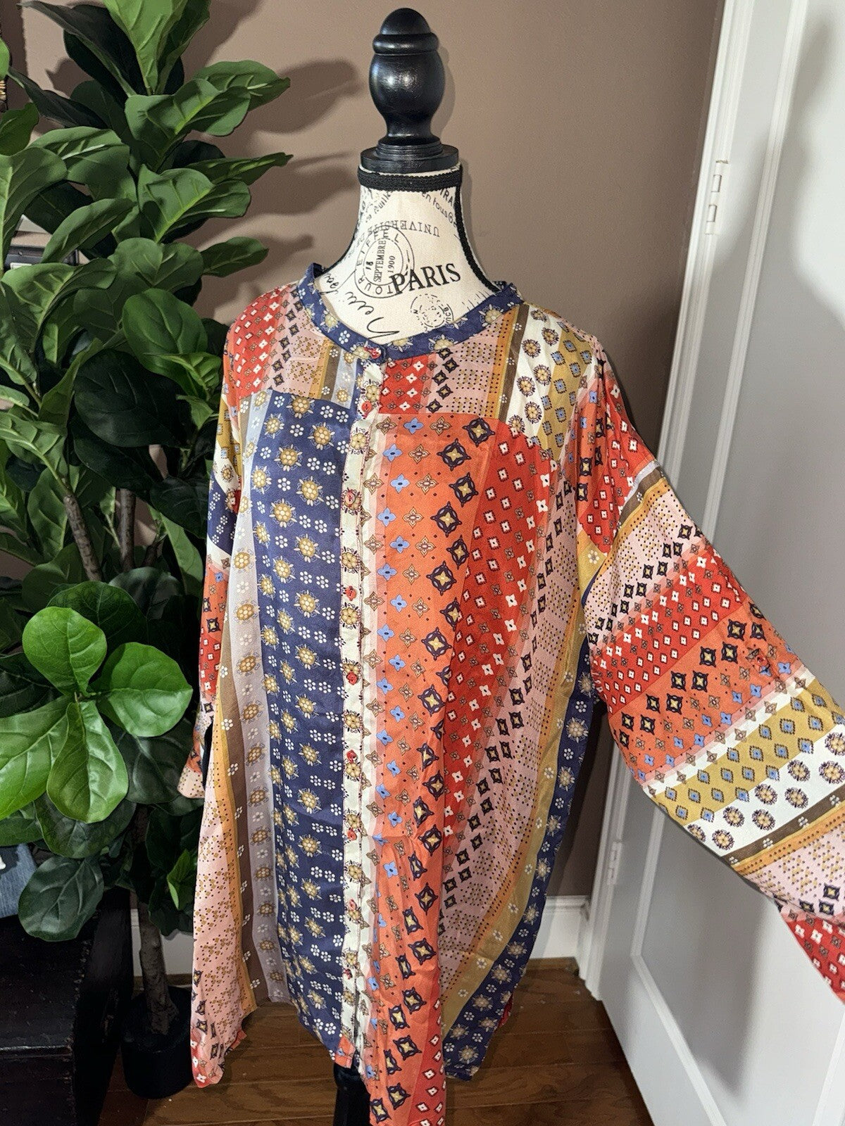 Johnny Was 3X 3XL 100% Silk Tunic Top Button Up Blouse Shirt Lightweight Cool Johnny Was