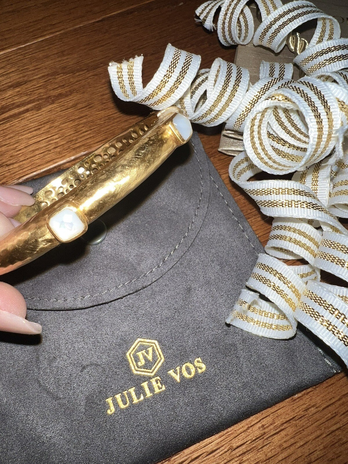 Julie Vos Hinged Bangle Bracelet Clear Iridescent Stones Slightly Milky In Color Julie Vos