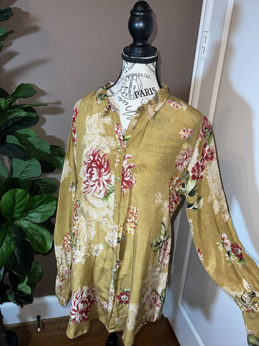 Johnny Was 100% Silk Harvest Gold Floral Button Up Blouse Top L Large