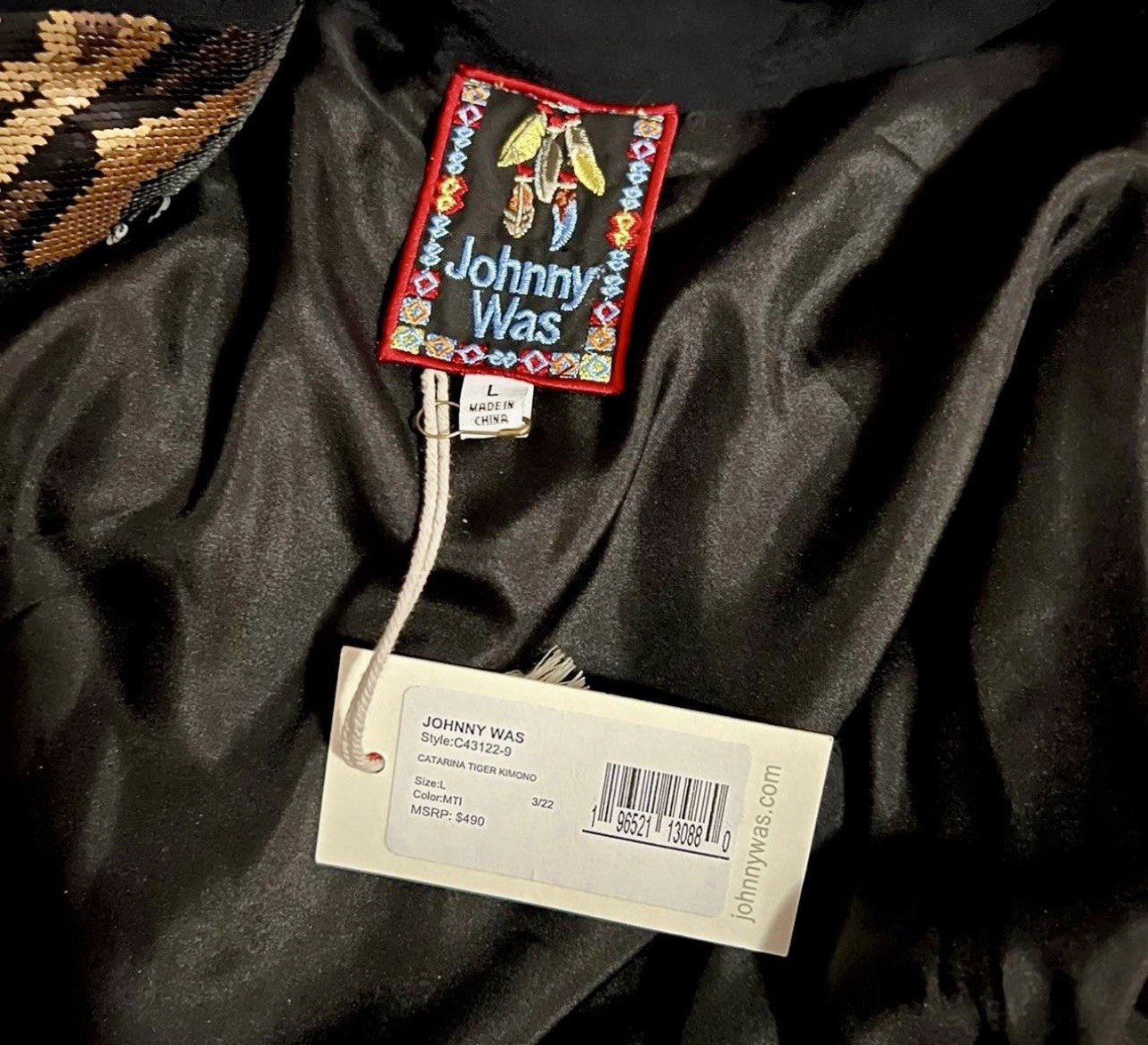 Johnny Was $490 L Large Black & Gold Sequin Kimono Jacket Tiger Silk Lined Johnny Was