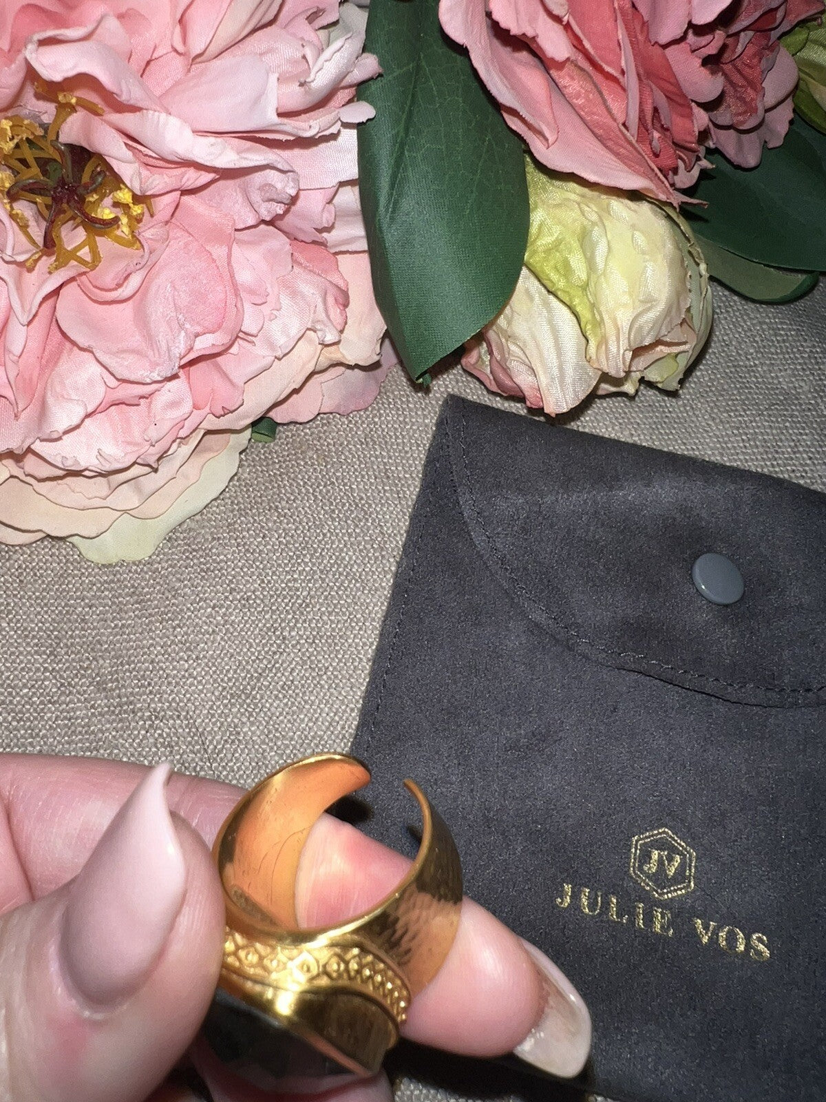 Julie Vos Sz 9 Cuff Ring ADJUSTABLE Real Labradorite & 24k Gold Plated Julie Vos