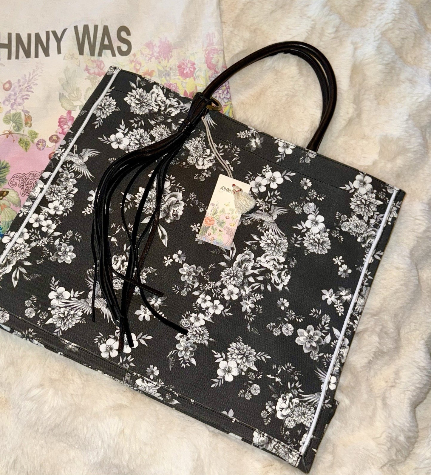 Johnny Was Black & White Coated Canvas Dreamer Bag Purse Tote Leather $428 Johnny Was