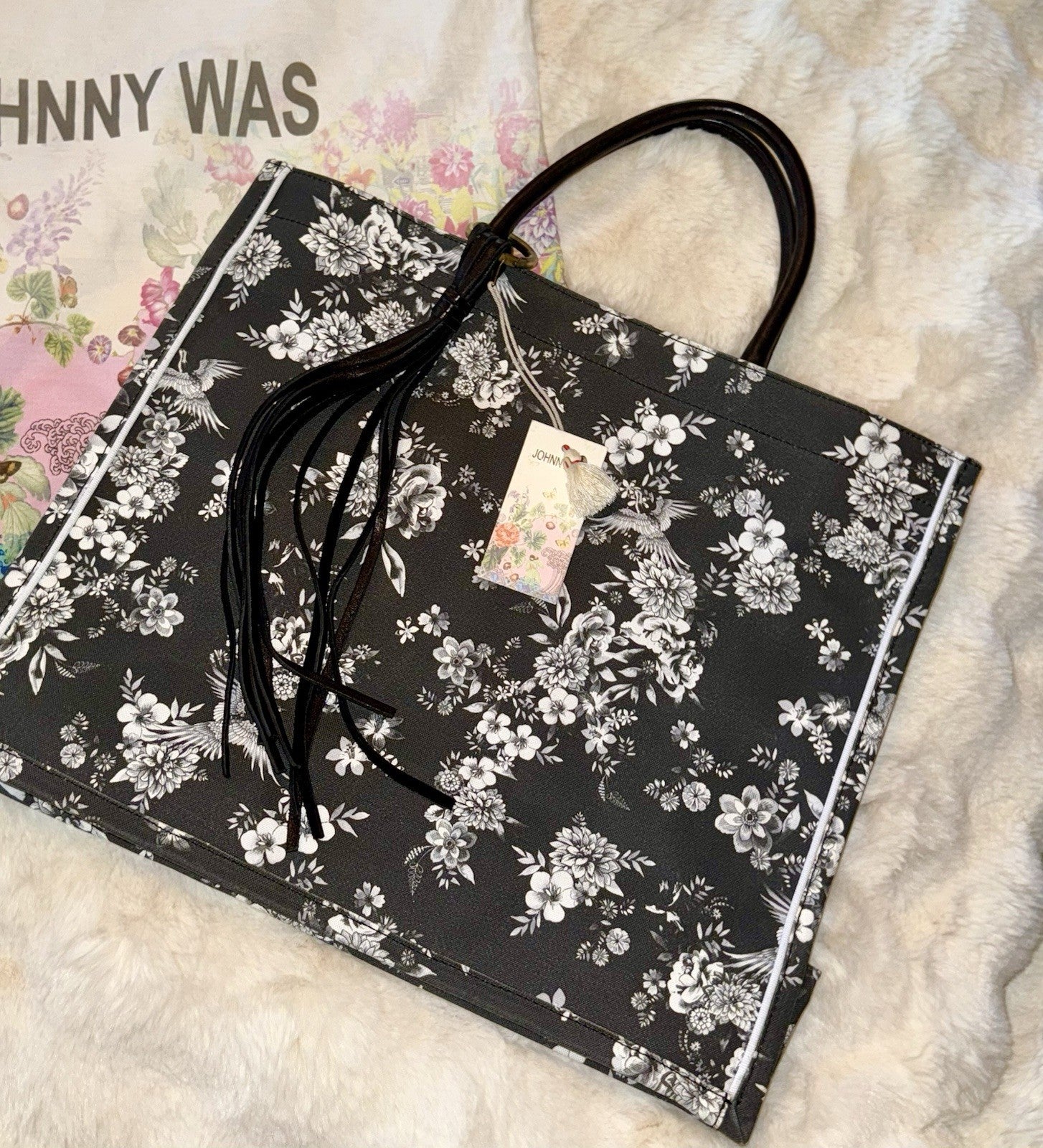 Johnny Was Black & White Coated Canvas Dreamer Bag Purse Tote Leather $428 Johnny Was