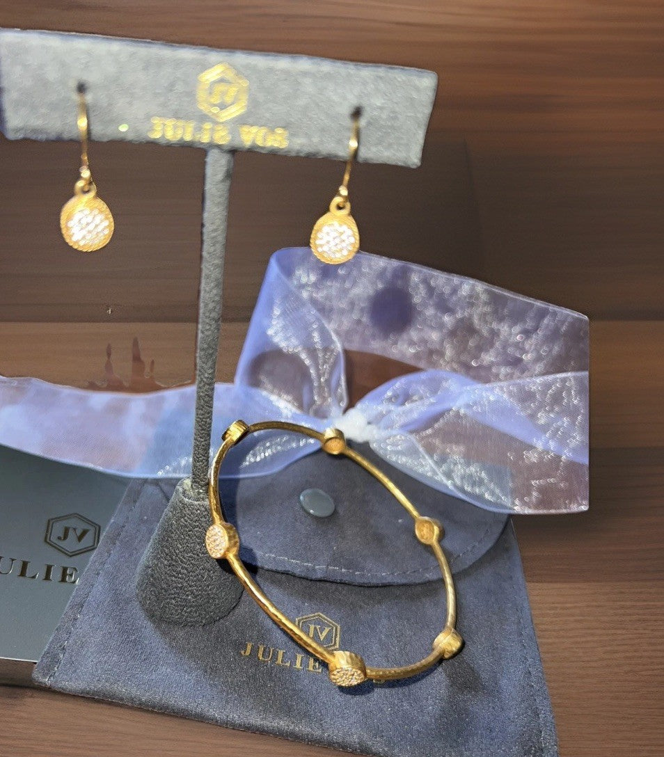 3pc Set Julie Vos Pave Earrings & CZ Stations Bracelet Bangle Sz Large Julie Vos