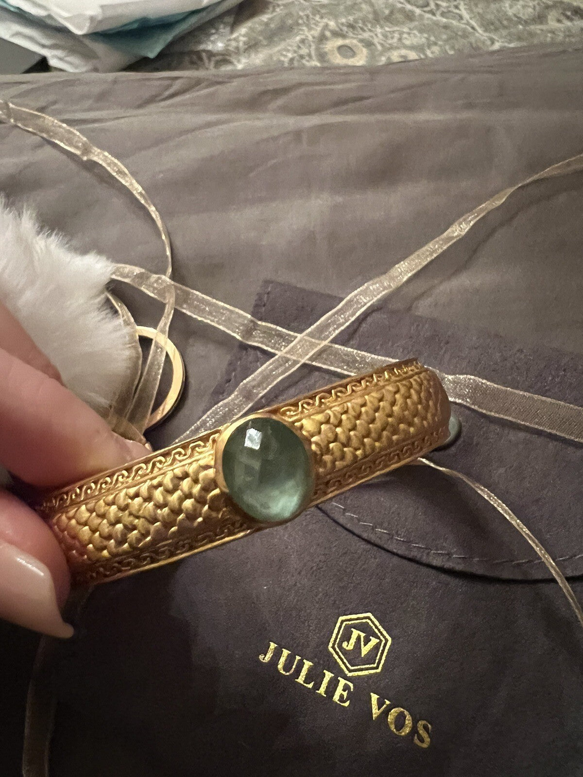 Julie Vos Hinged Bangle with Bahamian Blue Stone & 24k Plated  RETIRED Julie Vos