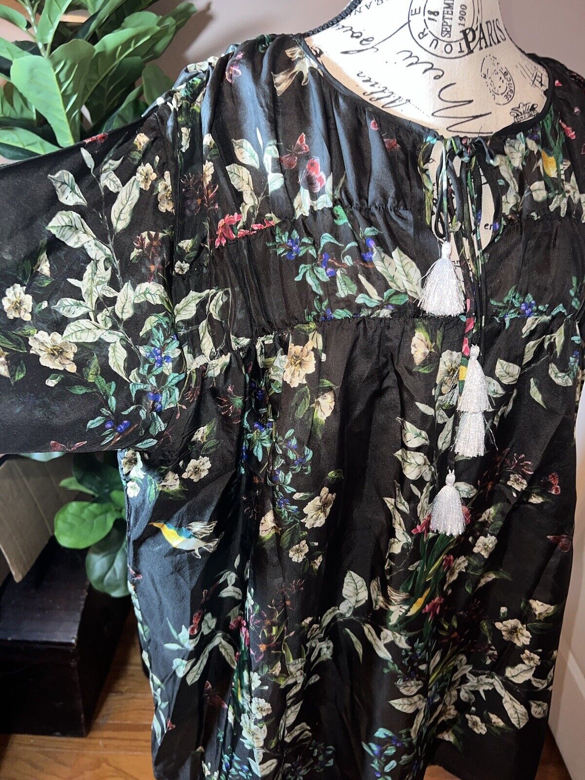 Johnny Was 100% Silk Black Floral Tunic Top Kimono 2X 2XL XXL  Butterfly