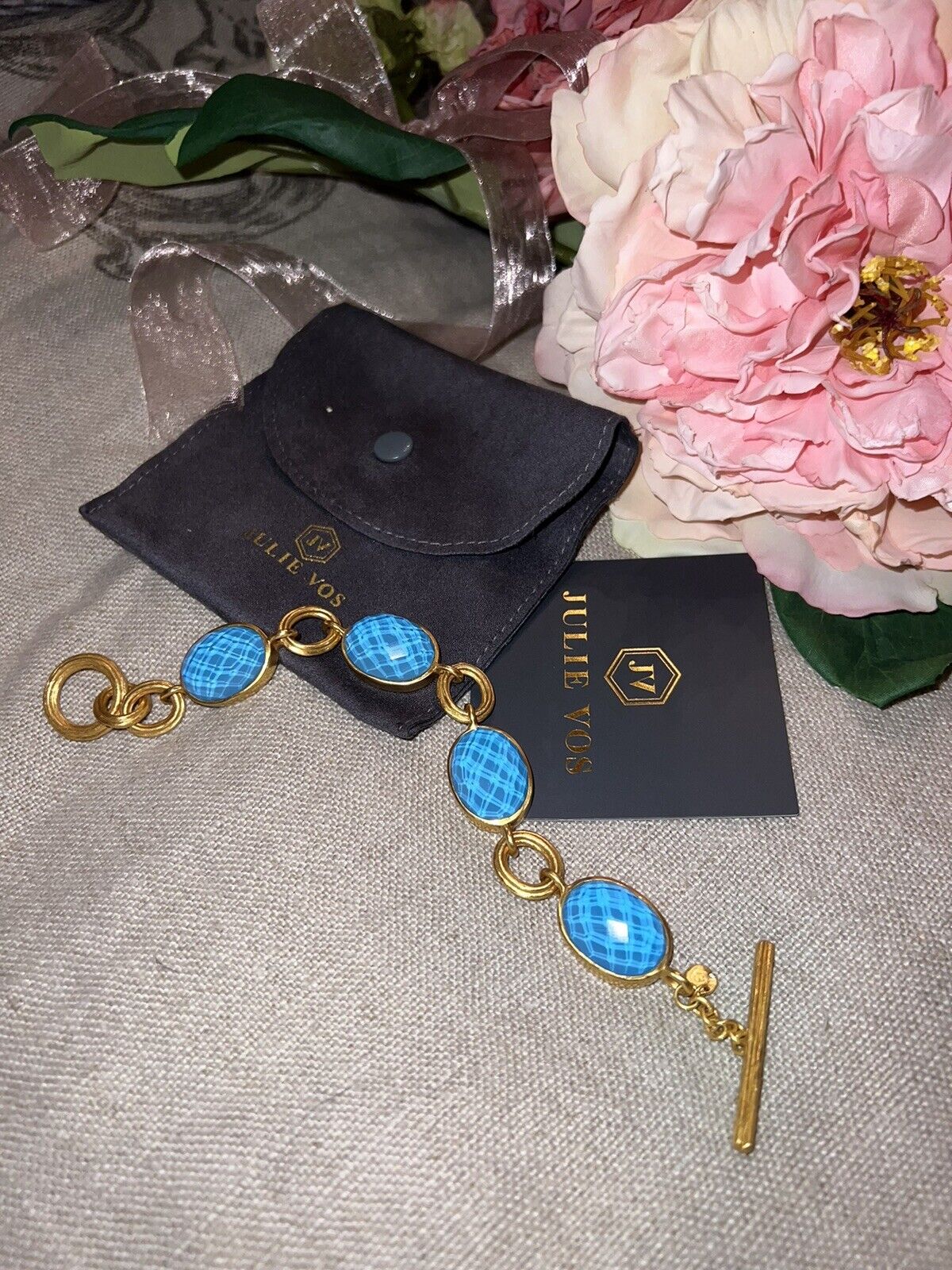 NEW Julie Vos Pacific Blue Toggle Link Bracelet 24k Gold Plates NWOT