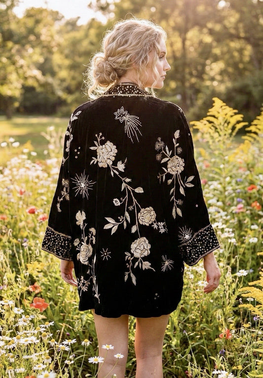 Johnny Was 1XL Black & Gold Velvet Kimono Sequins & Silk Lining Jacket Wrap Johnny Was