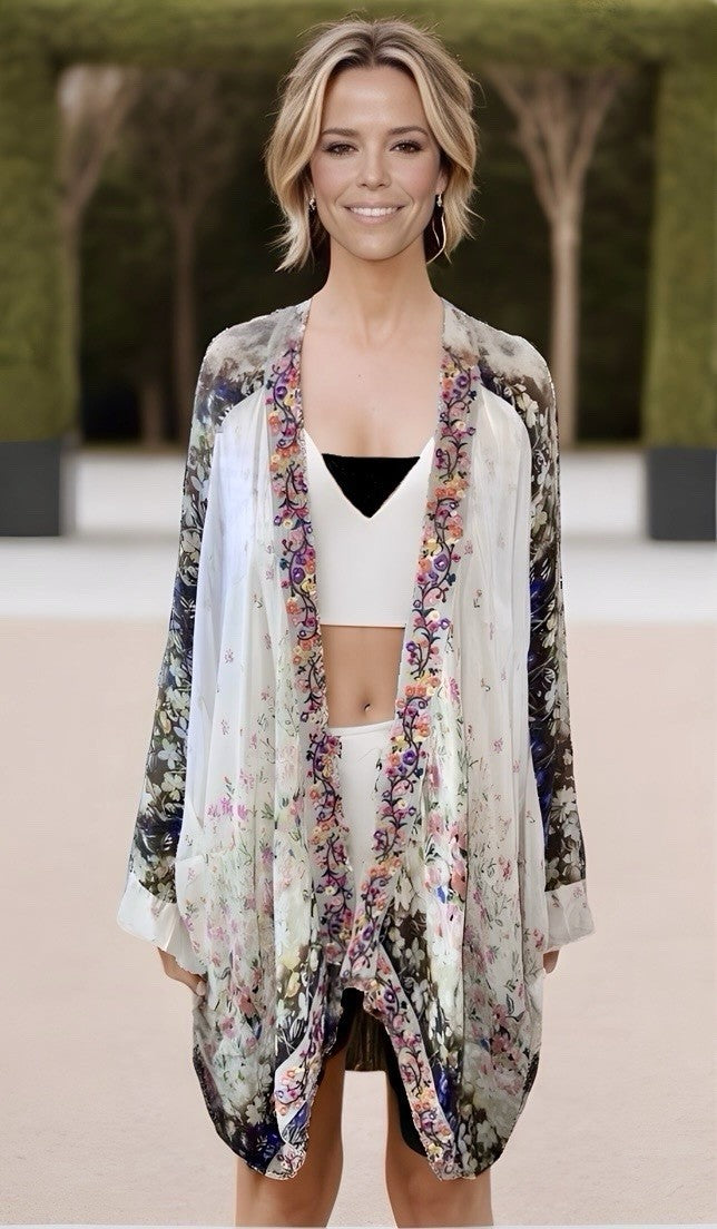 Johnny Was M Kimono Wrap Lightweight Floral Jacket Oversized Pockets Embroidery Johnny Was