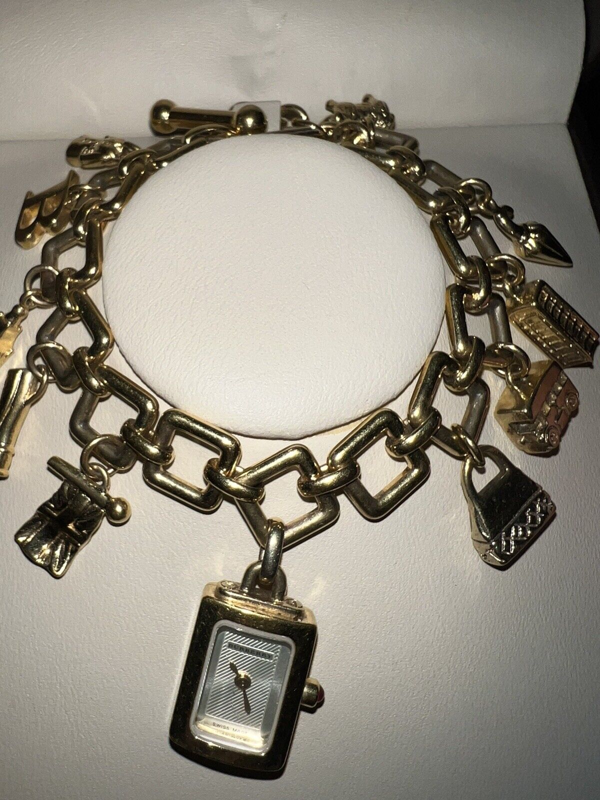 BURBERRY Gold Plated Charm Bracelet Watch RARE Box, Manuals, Tags Needs Battery