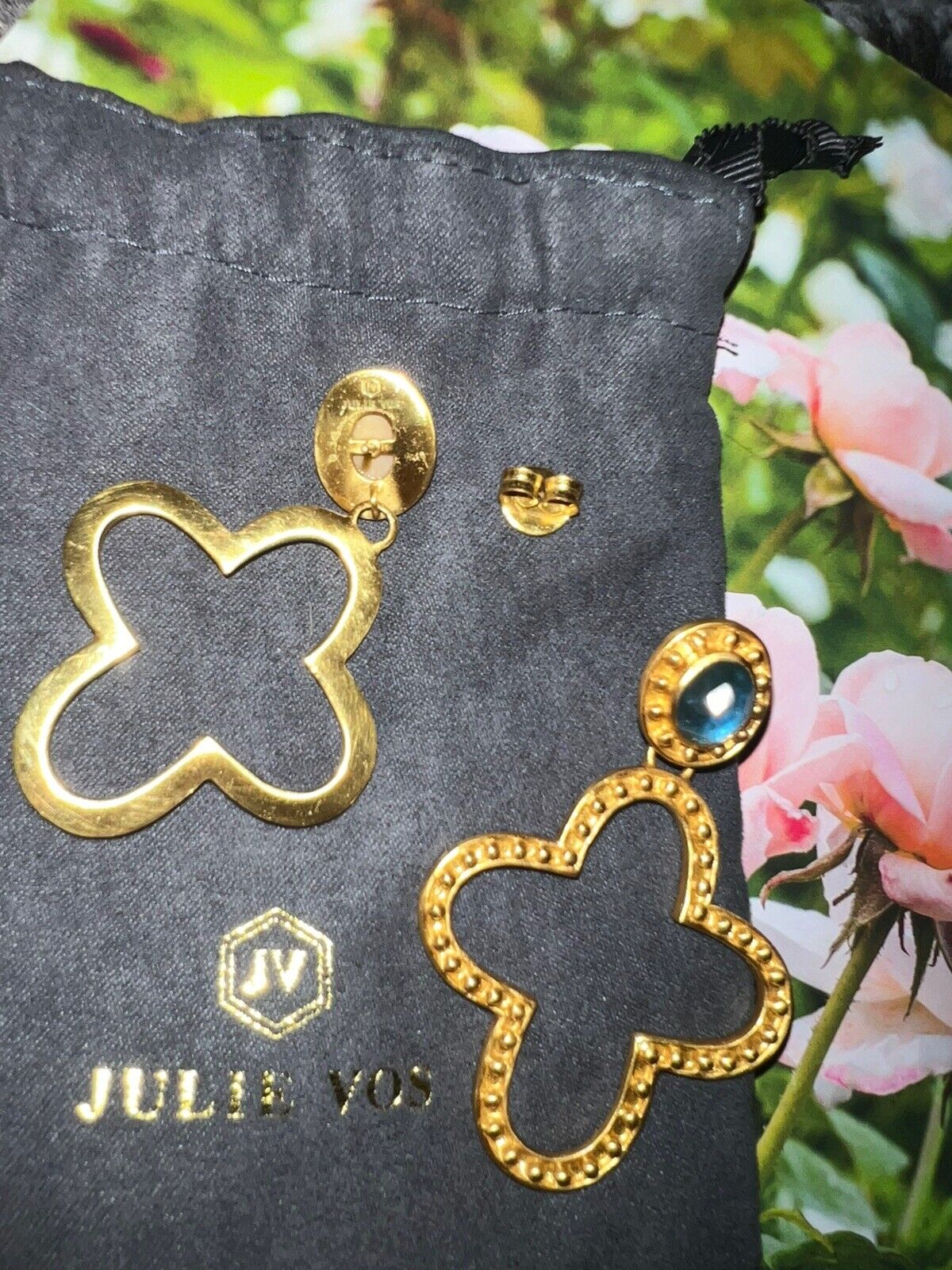 Julie Vos 24k Gold Plate & Blue Stone Cross Statement Earrings WOW