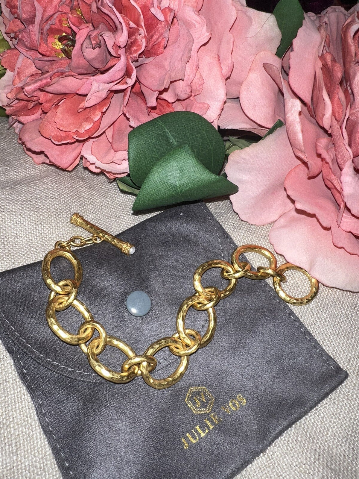 Julie Vos 24k Gold Plated Toggle Chain Link Bracelet PEARL END CAPS Julie Vos