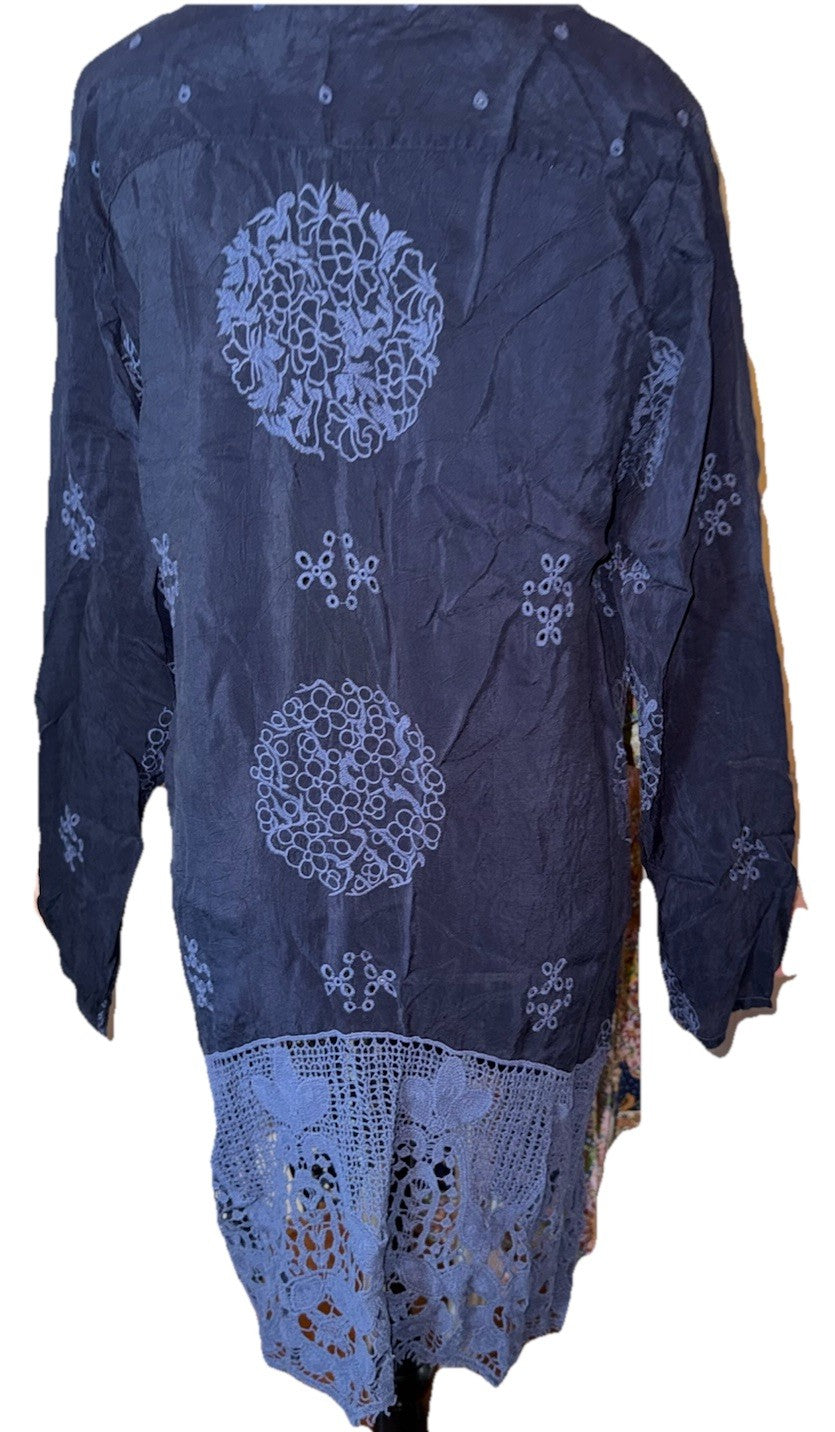 Johnny Was M Medium Navy Blue Shift Mini Dress Lace Embroidered Silky Tunic Top Johnny Was