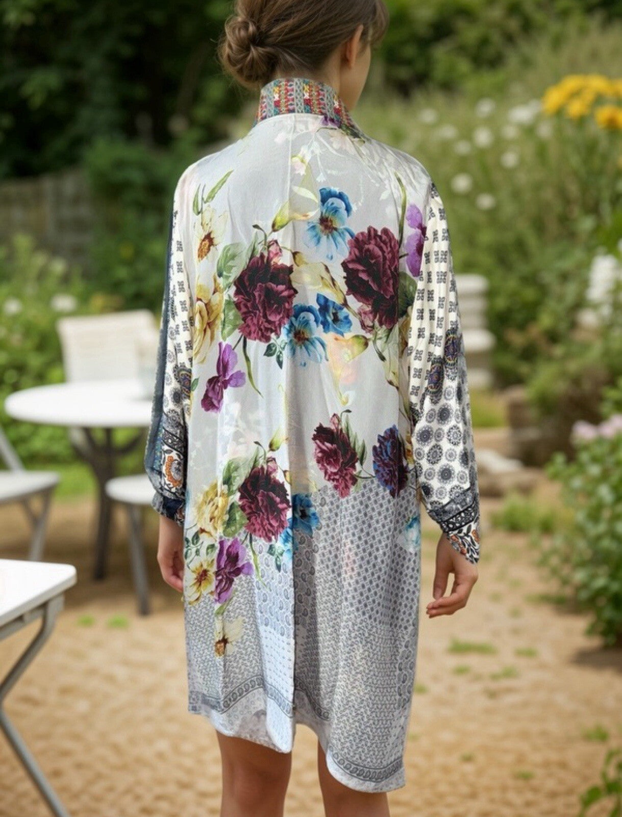 Johnny Was L 100% Silk Kimono Duster REVERSIBLE Embroidered Cardigan Wrap Johnny Was