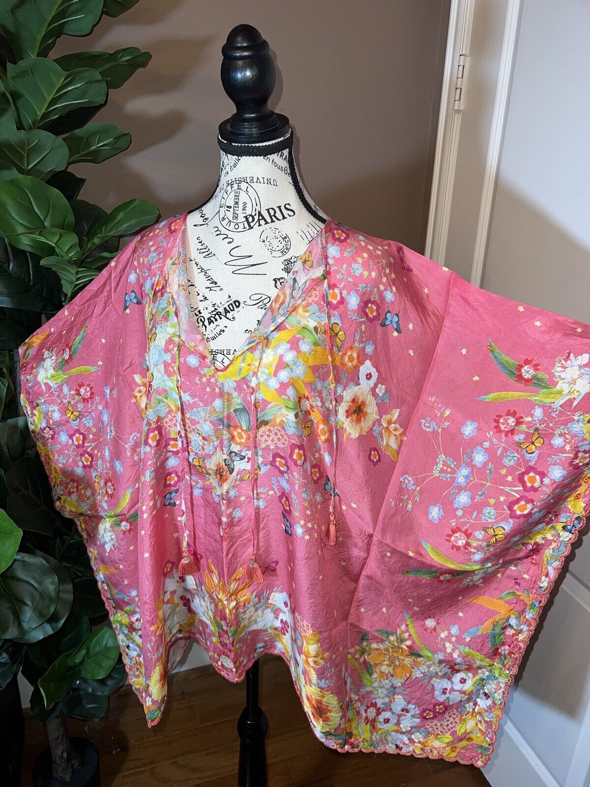 Johnny Was Pink O/S 100% Silk Kimono Wrap Top Cover Up Tassels Butterflies Flora