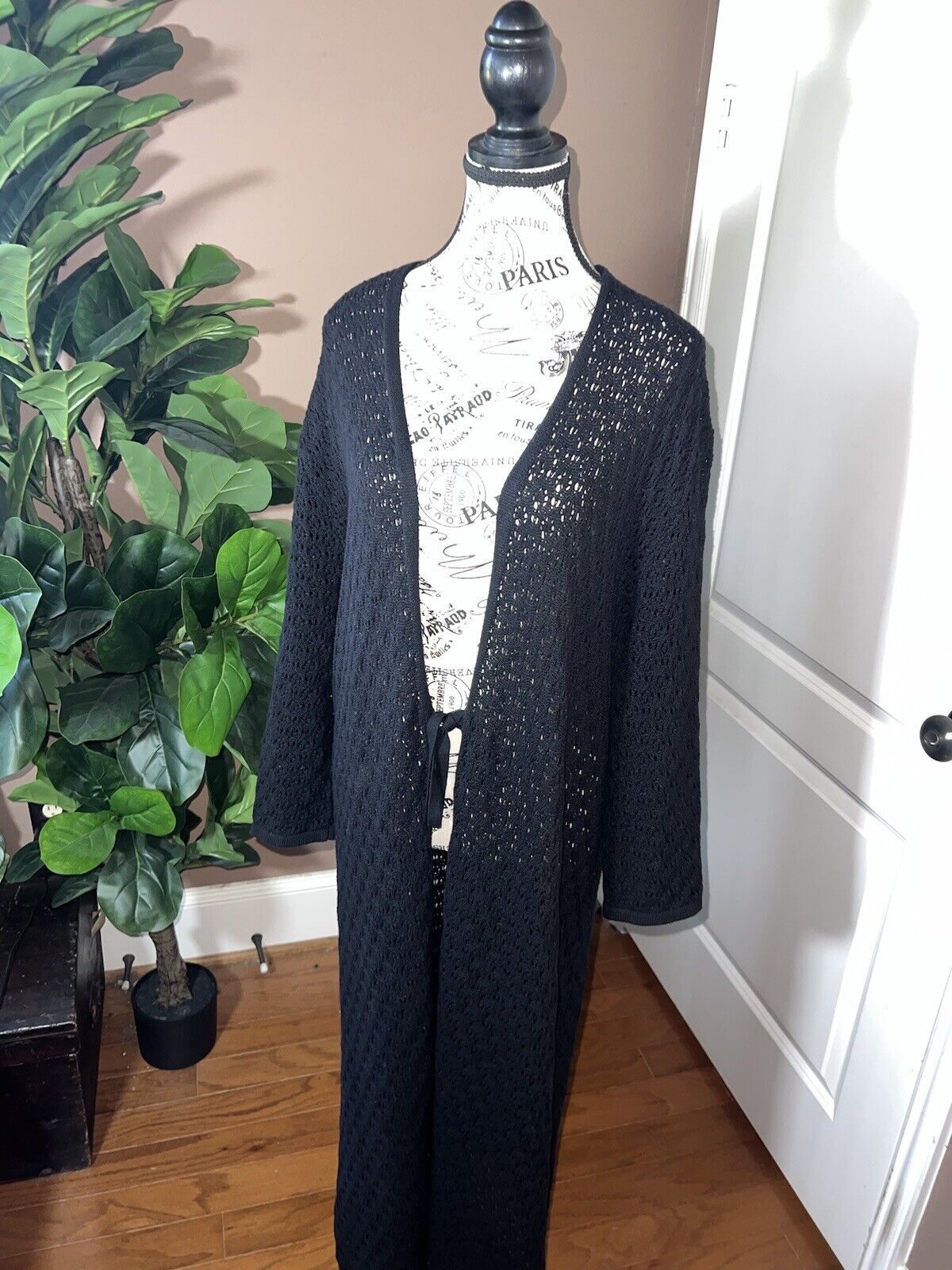 Johnny Was Black Crochet Long Kimono XL 1X 1XL  Duster Cover Up Wrap