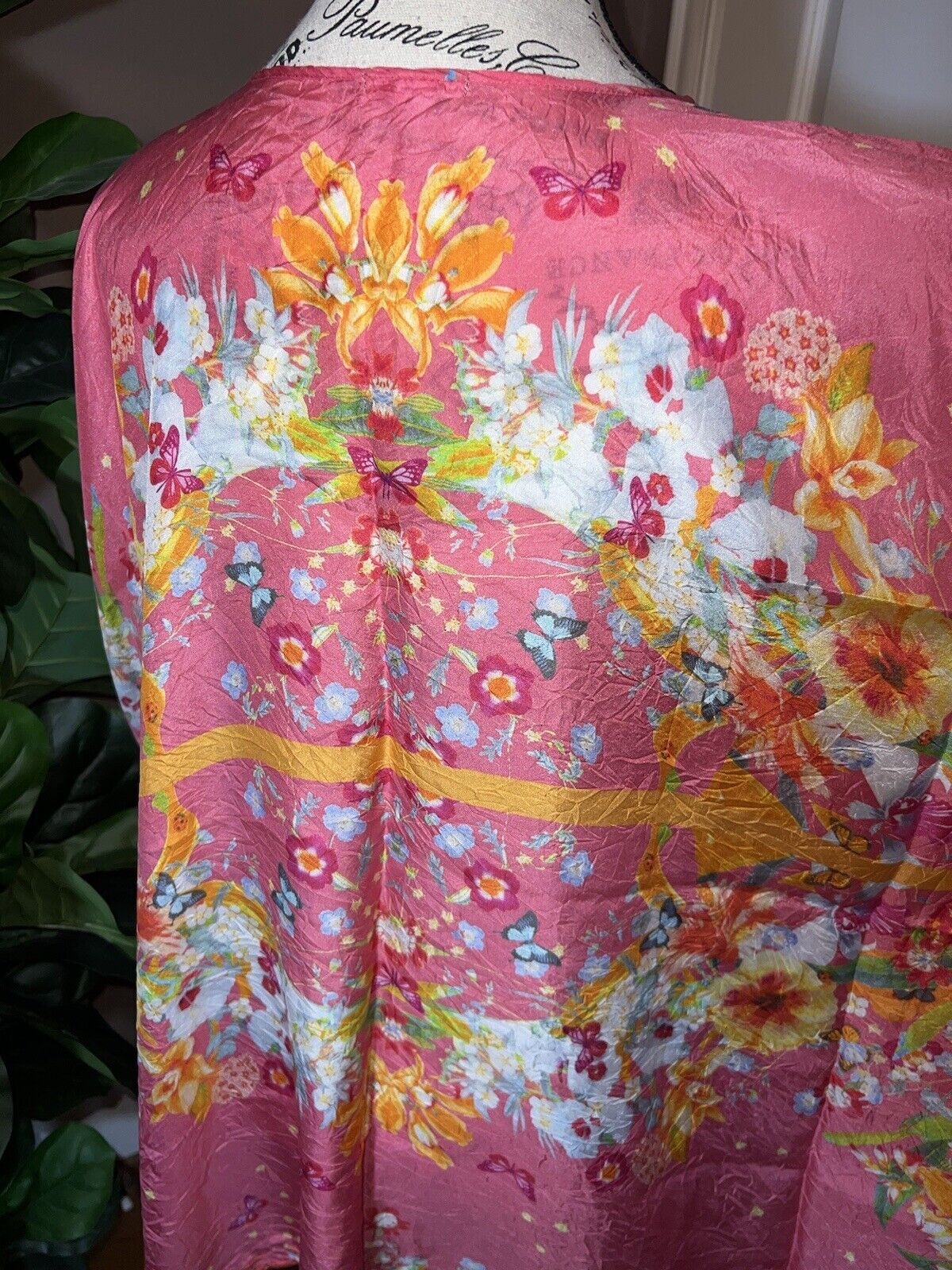 Johnny Was Pink O/S 100% Silk Kimono Wrap Top Cover Up Tassels Butterflies Flora