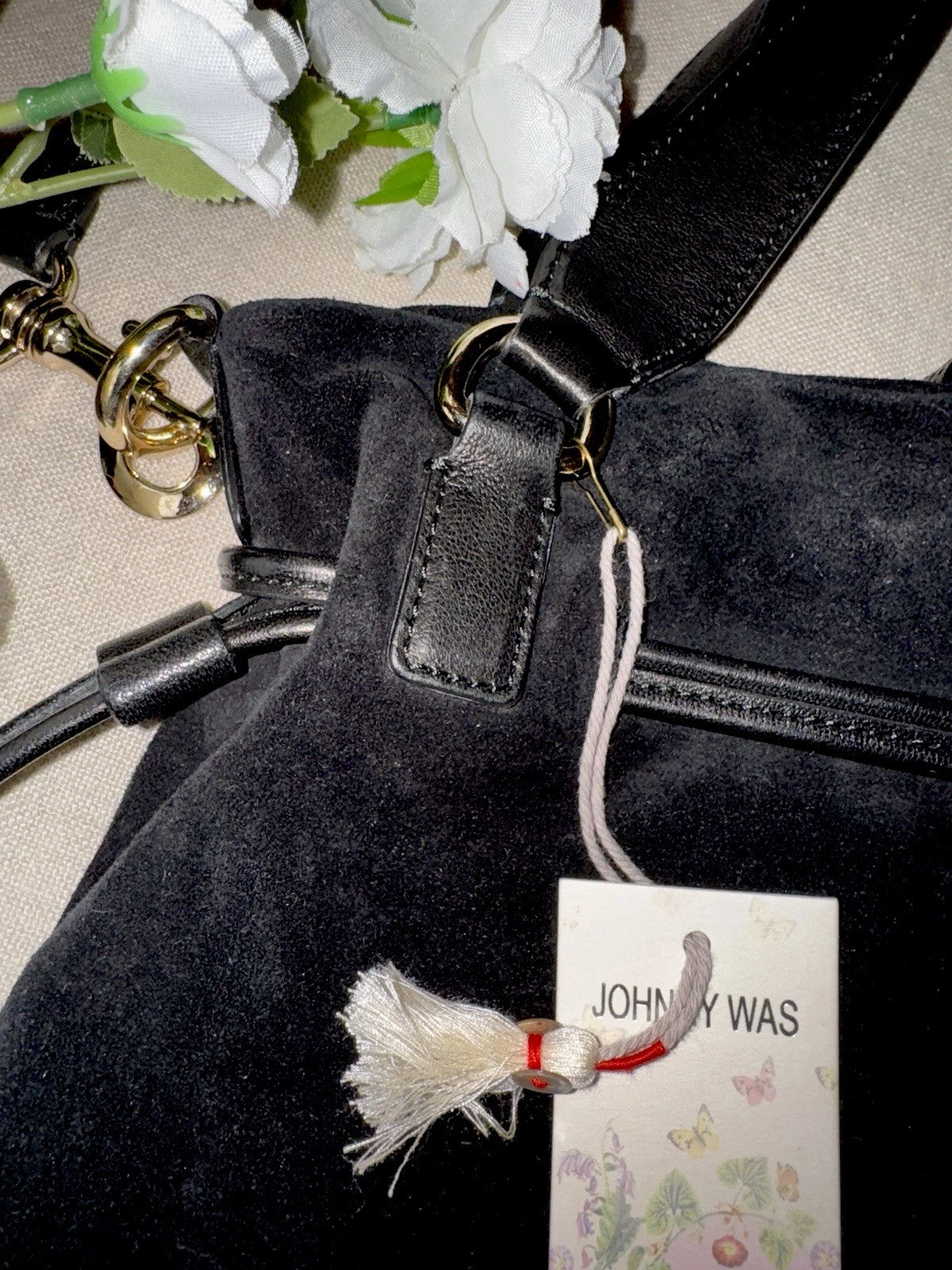 Johnny Was Black Suede Leather Crossbody Bag Purse Tote Hobo Tassels Johnny Was