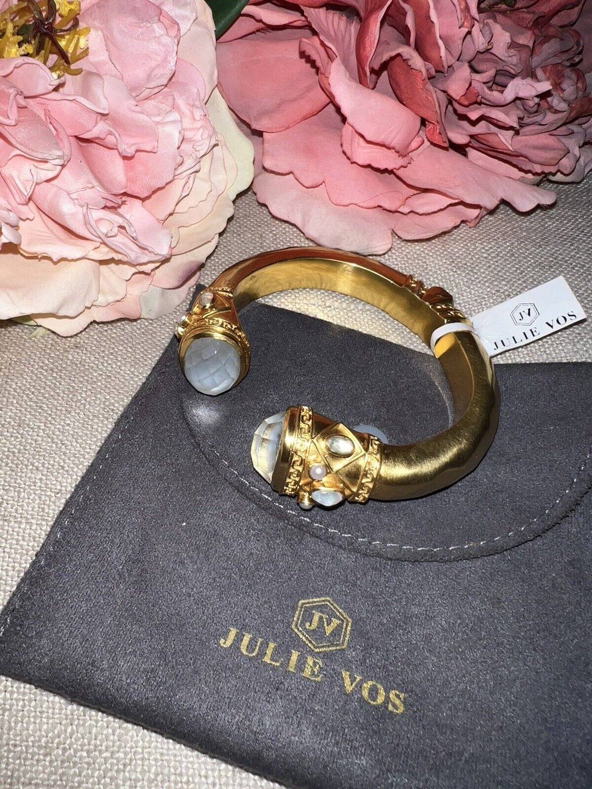 NEW Julie Vos Large Bangle Bracelet Cuff Hinged Iridescent Clear  & Pearls NWT