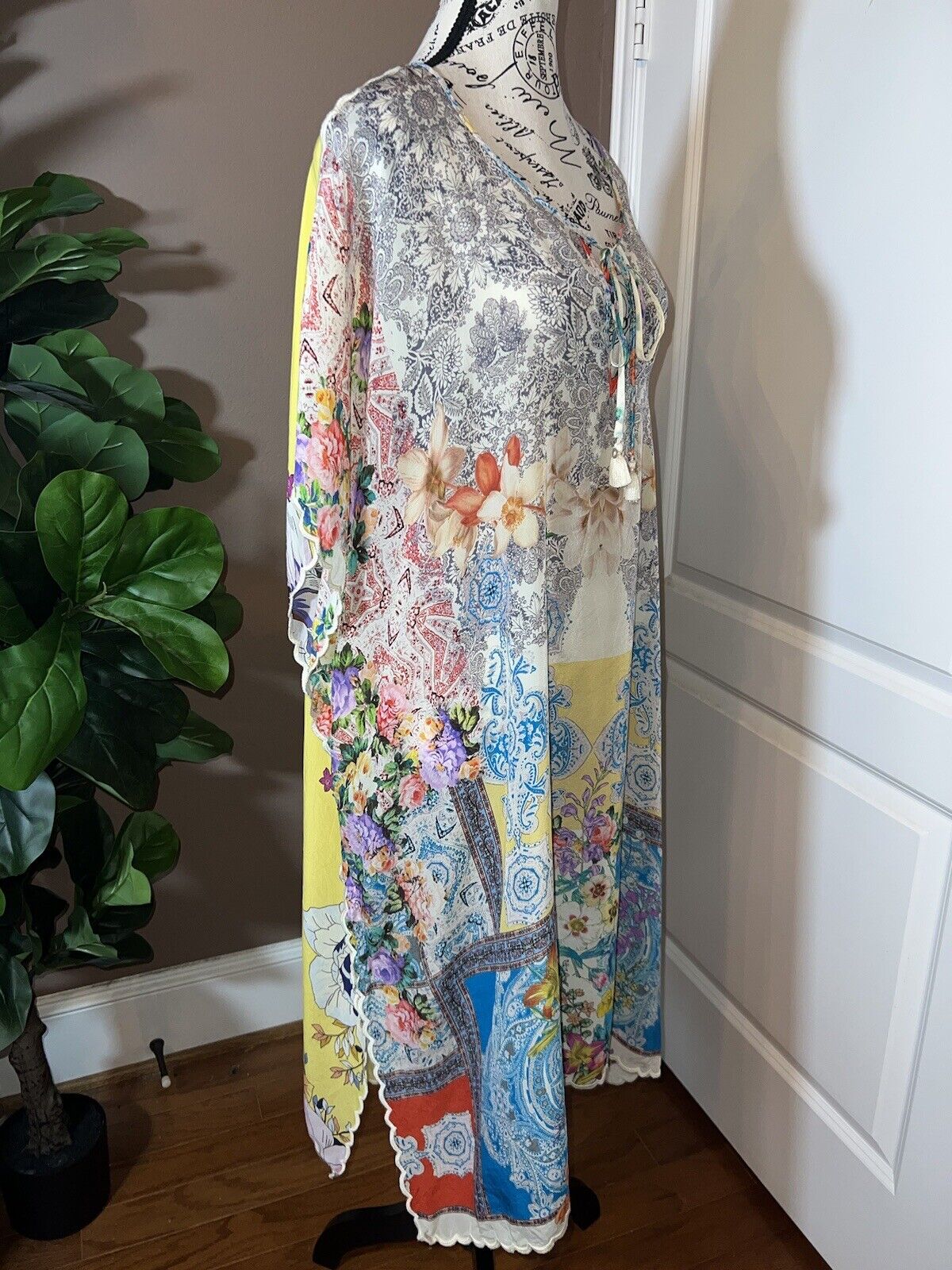 Johnny Was Silky Long Kimono Kaftan Floral & Patchwork Yellow XXL 2XL 2X SPRING