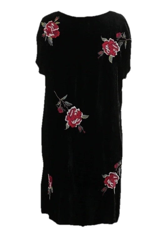 Johnny Was L Black & Pink Velvet Shift Mini Dress Embroidered Floral Tunic Top Johnny Was