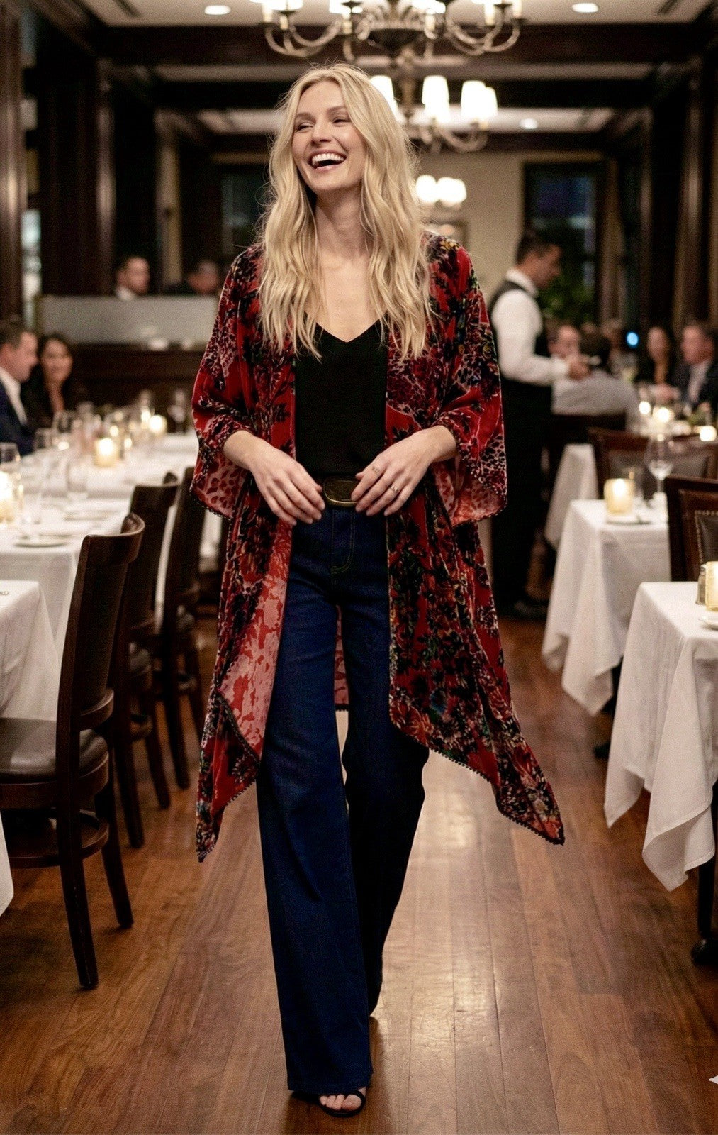 Johnny Was O/S Burnout Velvet Shawl Wrap Red Beaded Trim Bohemian Luxury Johnny Was