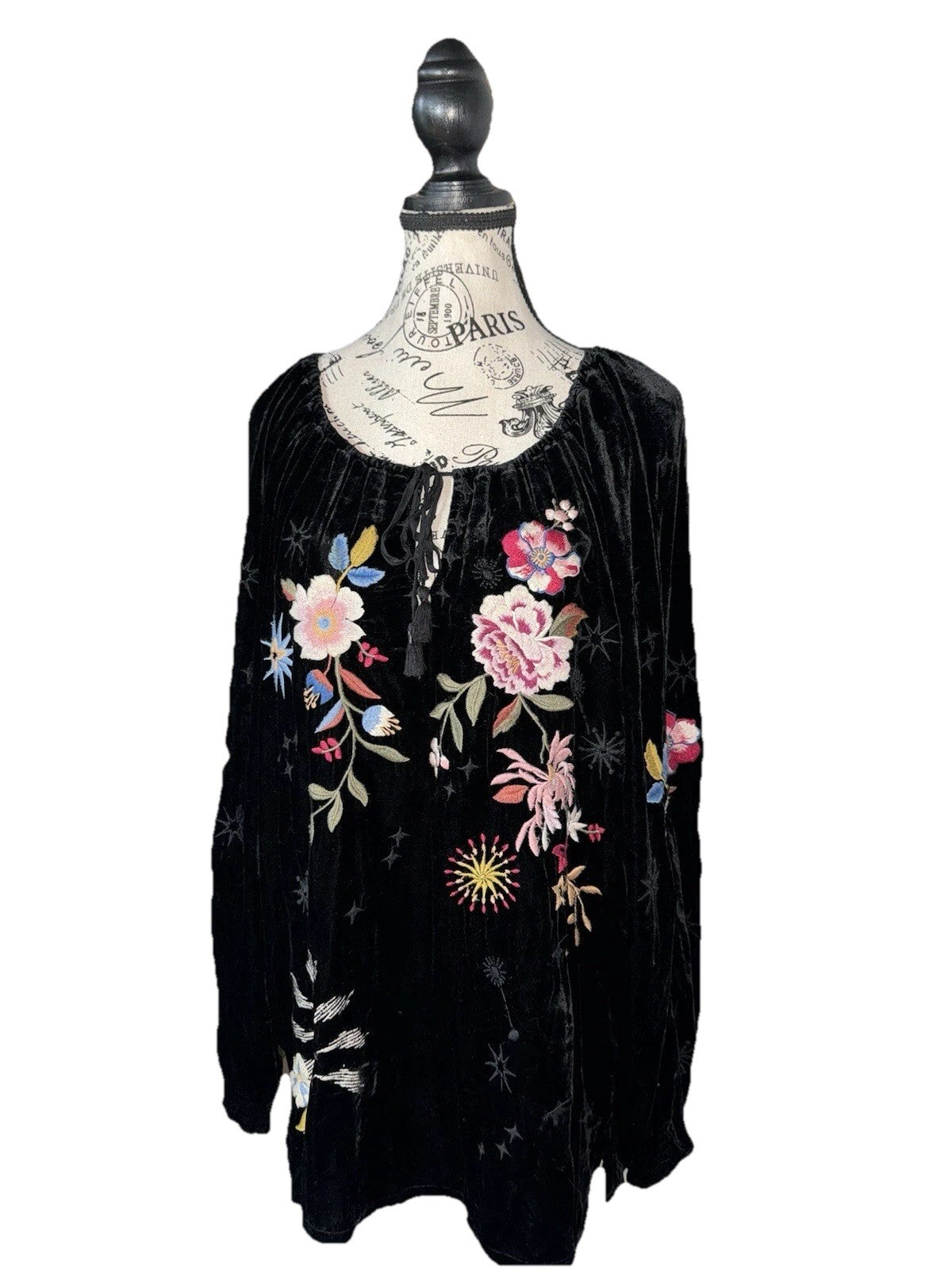 Johnny Was L Large Black Velvet Roses & Stars Embroidered Peasant Tunic Top Johnny Was