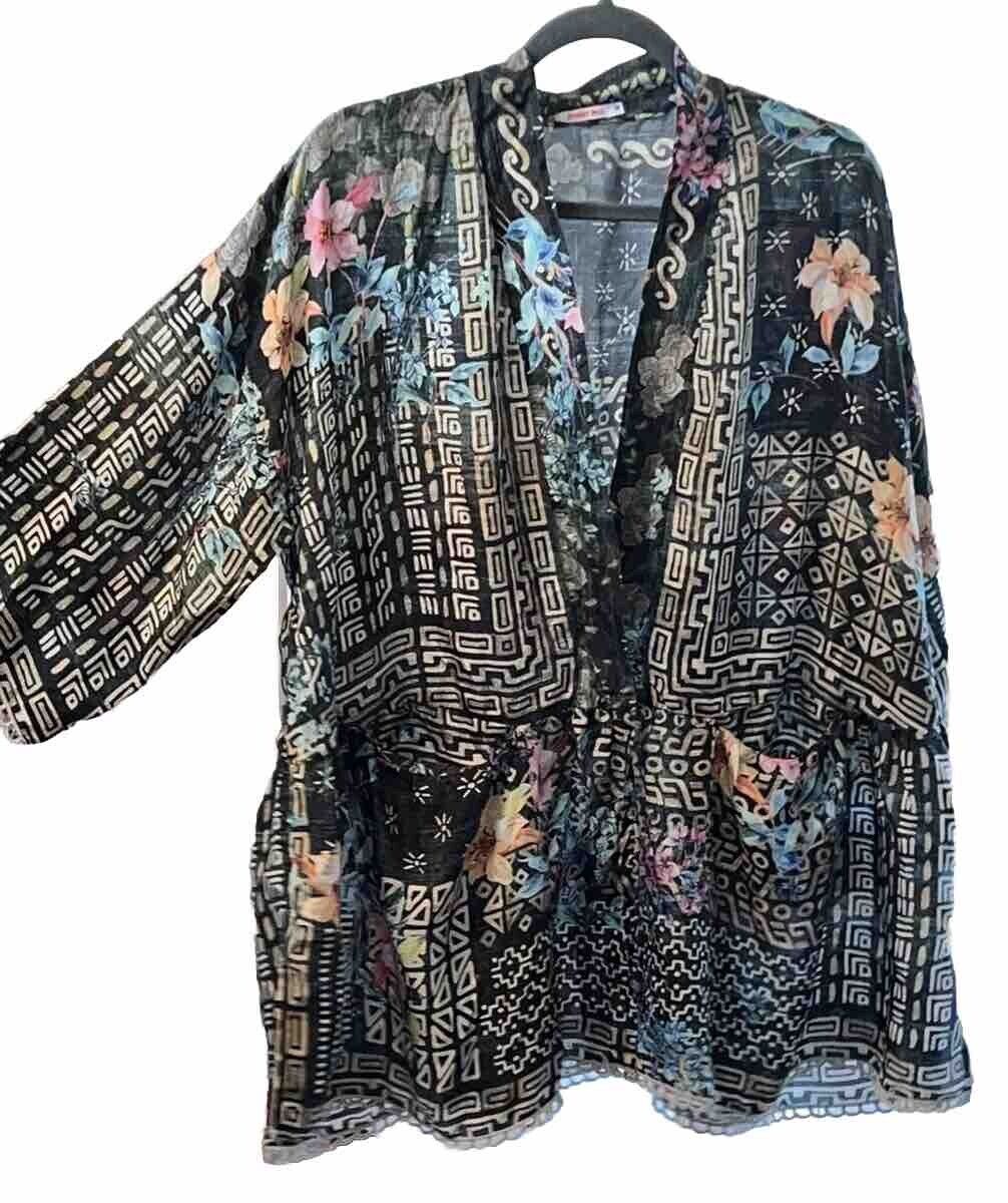 Johnny Was 100% Silk Kimono Sz M Tunic Top Black Floral Wrap