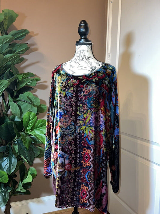 Johnny Was Floral Velvet Tunic Top Mini Dress Long Sleeve Sz XL Jewel Tones