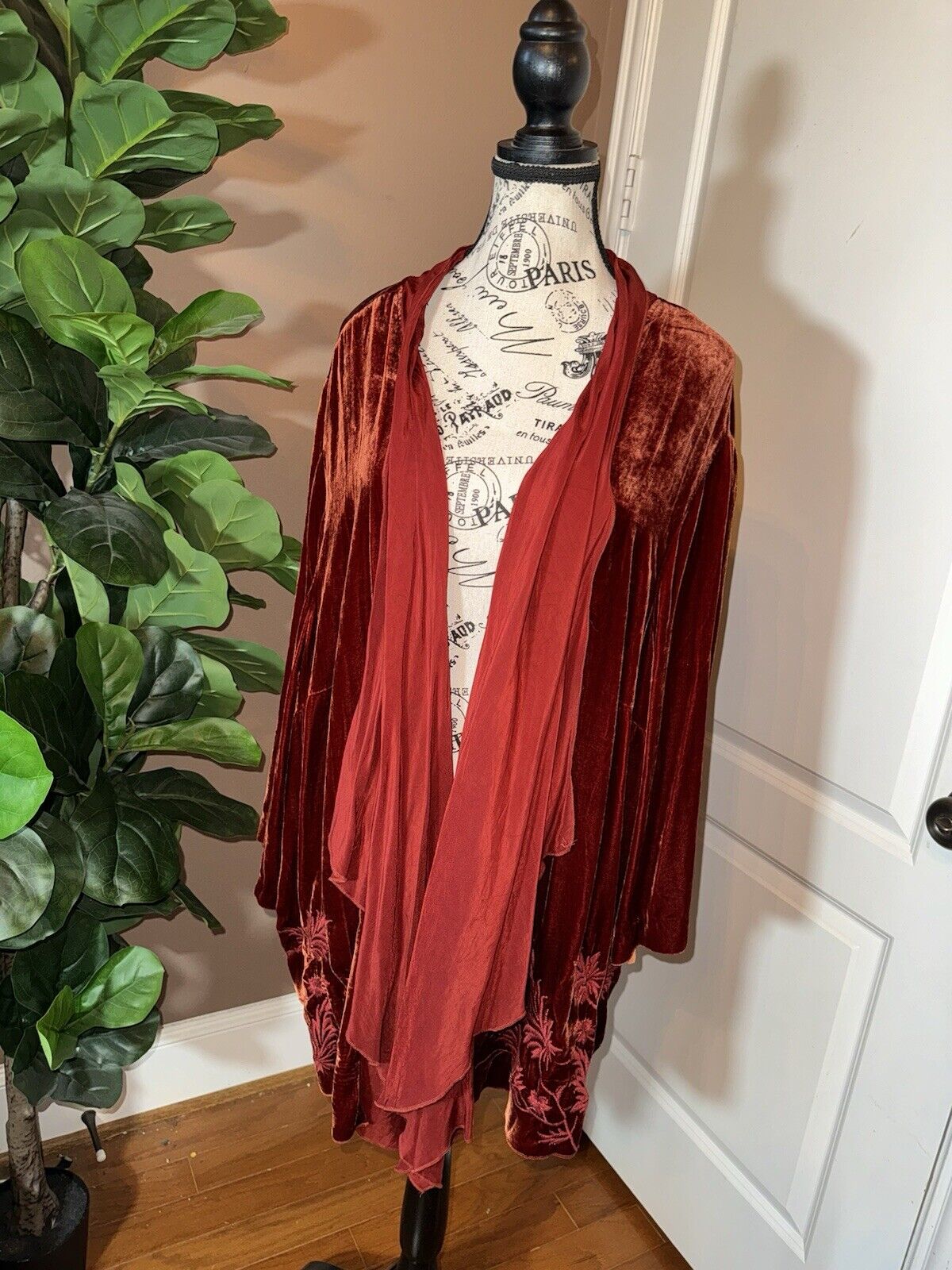 Johnny Was 3X Wine Red Velvet & Silk Kimono Wrap Embroidered Cardigan Jacket