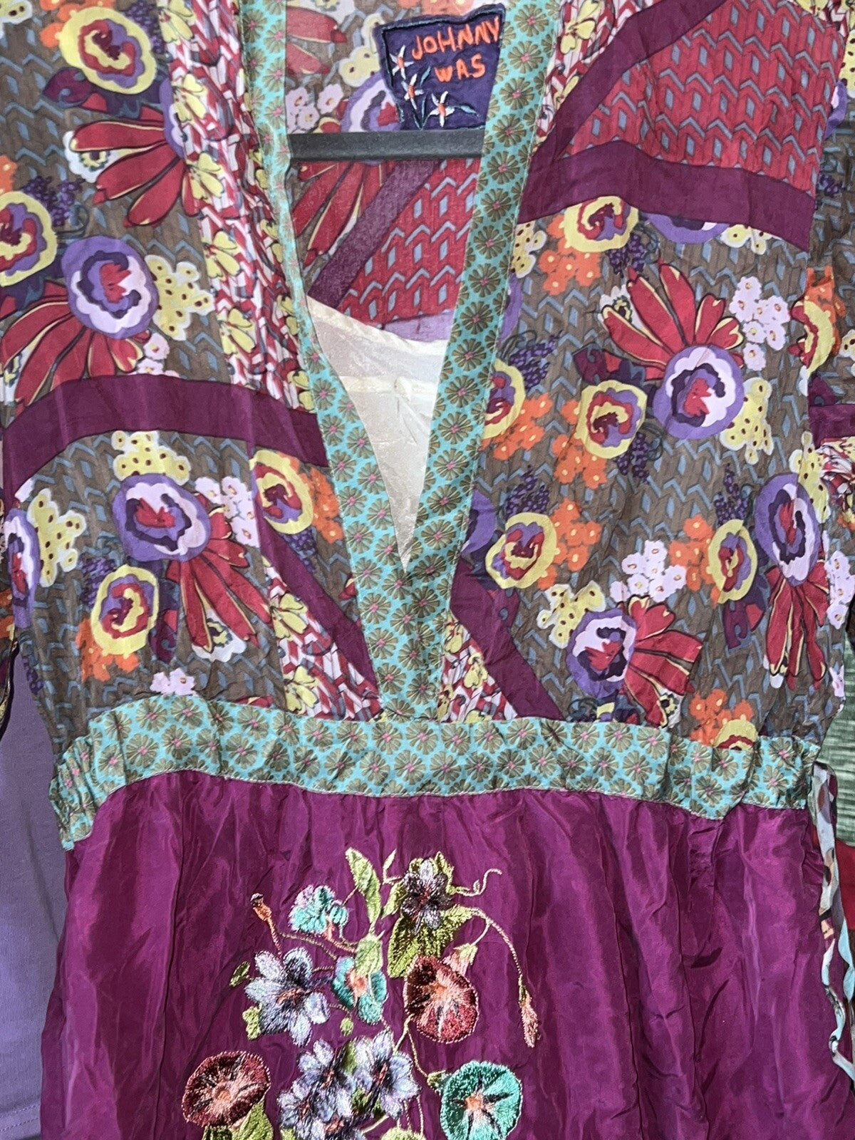 Johnny Was L Purple Tie Waisted Mini Dress Tunic Embroidered Lightweight Cool Johnny Was