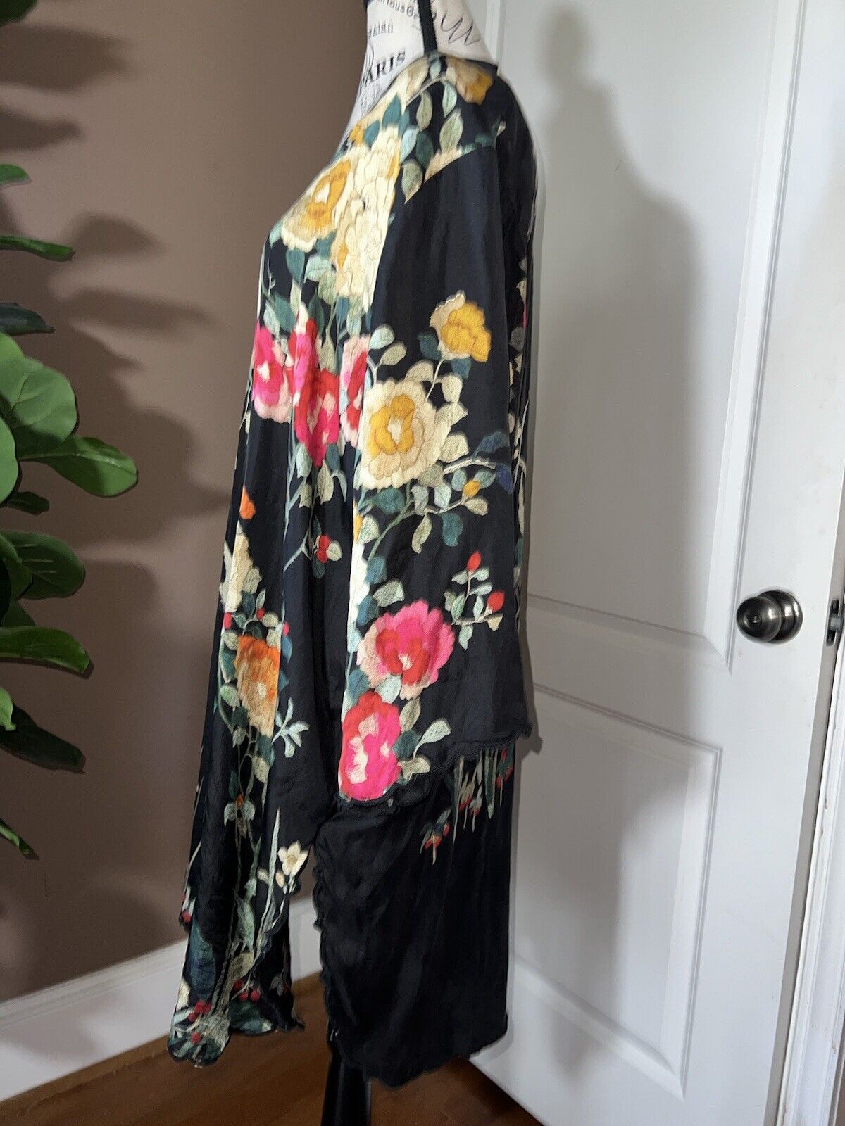 100% Silk Johnny Was Black Tunic Top Or Mini Dress XXL 2X 2XL Birds & Flowers