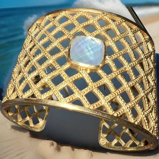 Julie Vos Basketweave Cuff Bracelet 24k Gold Plated Iridescent Clear White Stone Julie Vos
