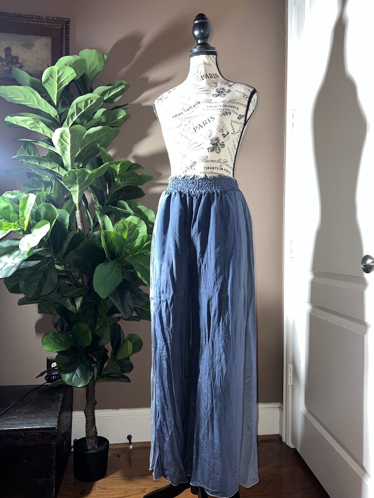 Johnny Was 100% Silk WIDE LEG Blue & Grey Ombré Pants Sz M Perfect W/ Kimono