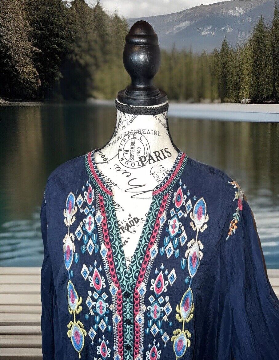 Johnny Was 3X 3XL Heavily Embroidered Navy Tunic Top Mini Dress Kimono Sleve