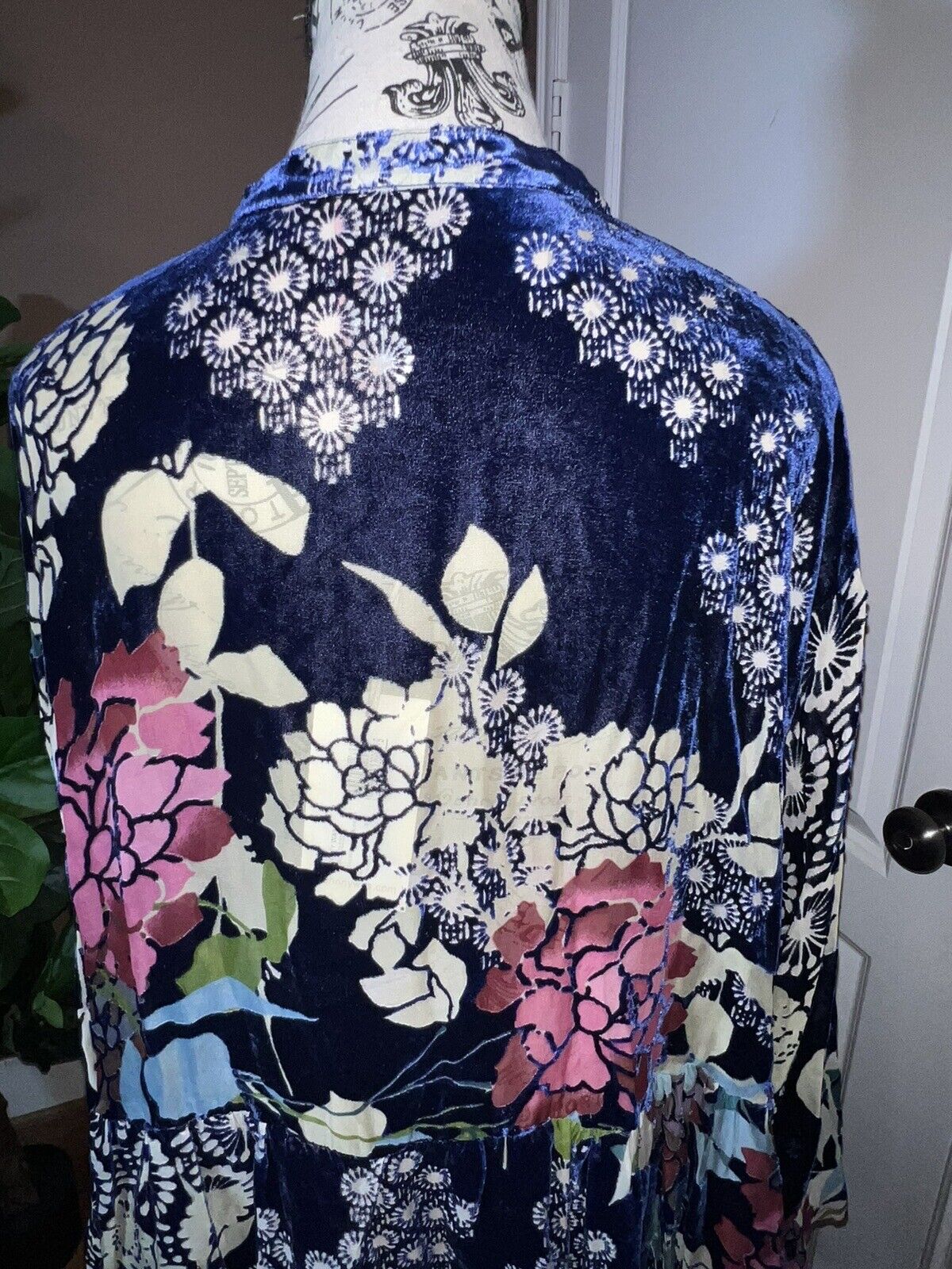 Johnny Was L Large Blue Velvet Burnout & Silk  Peplum Tunic Top  Kimono