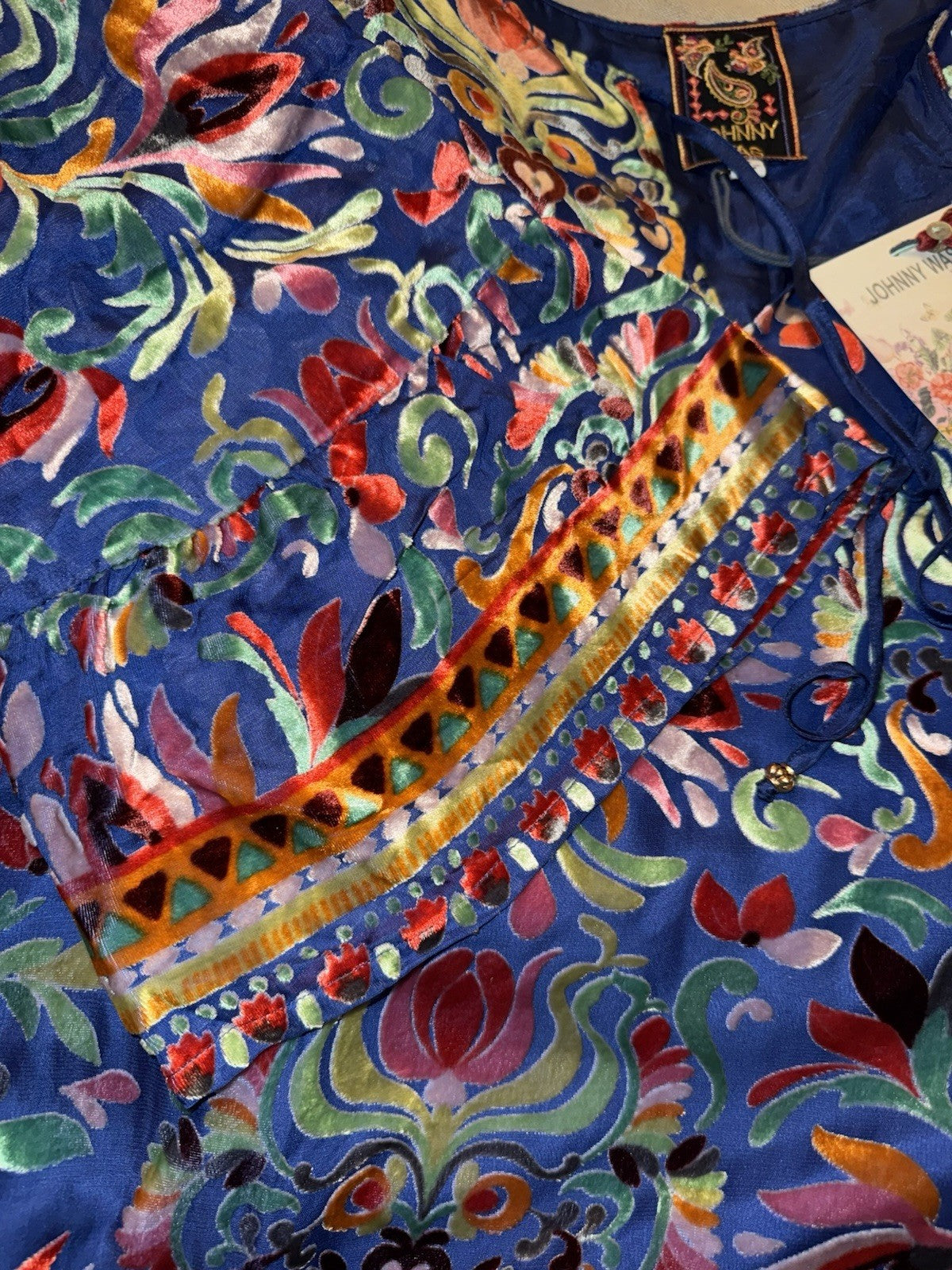 Johnny Was XXL Burnout Velvet Blue & Red Mini Shift Dress Silk Lining $388 Johnny Was