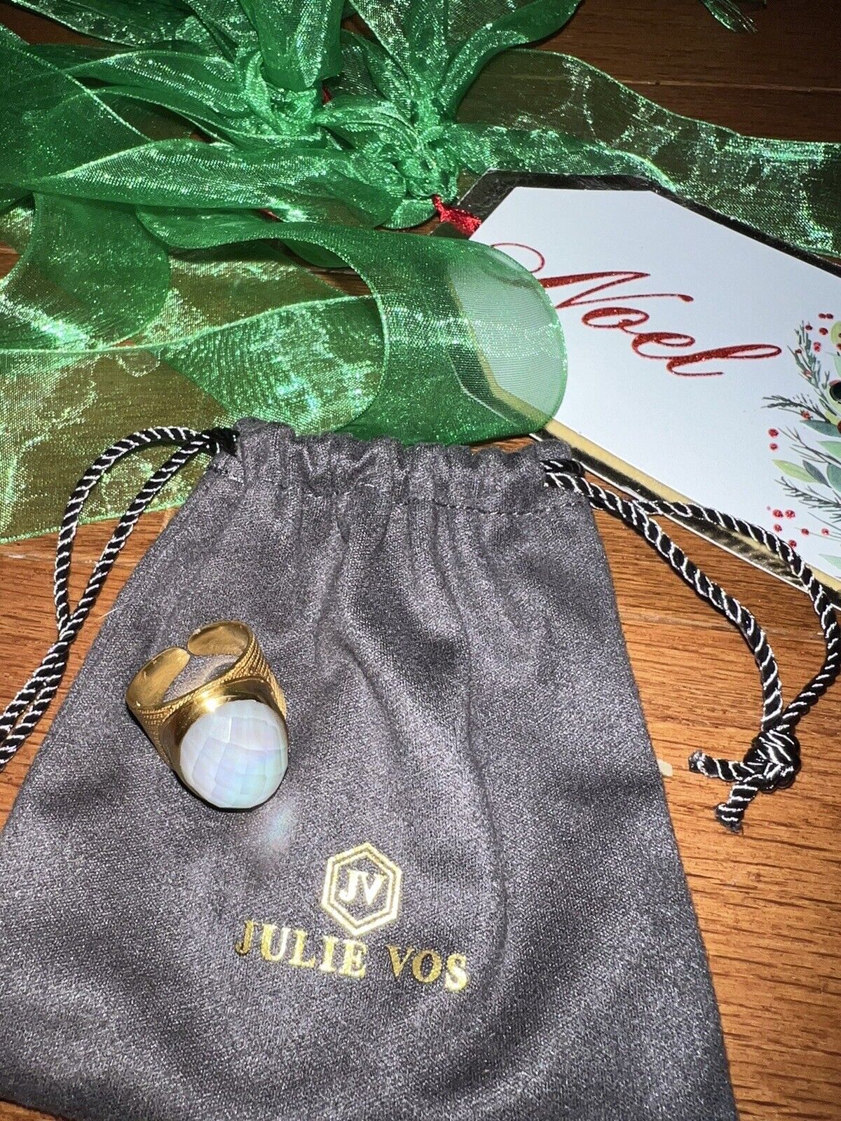 NEW Julie Vos Ring Iridescent Clear White & 24k Gold Plate Sz 8 ADJUSTABLE NWOT