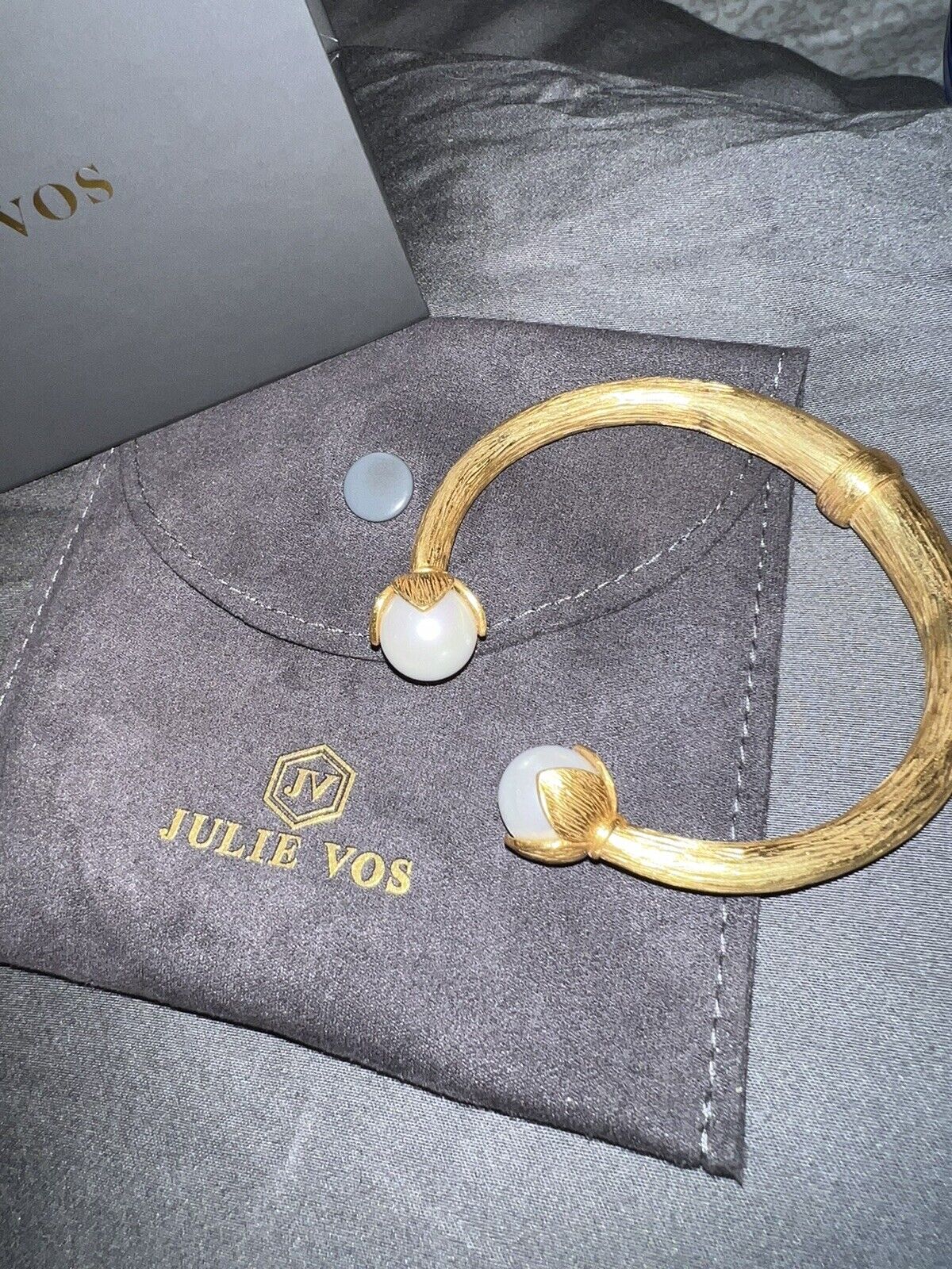 New Julie Vos Double Pearl 24k Gold Plate Hinged Bangle Bracelet NWOT