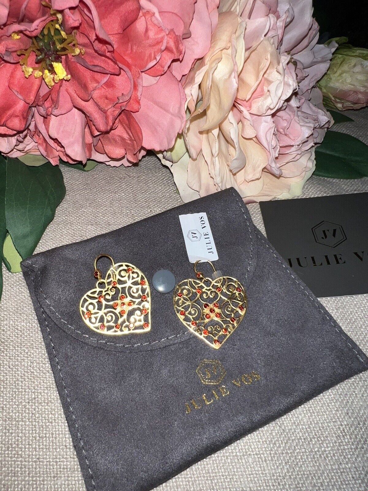 Julie Vos Ruby Red CZ Embellished Heart Earrings 24k Gold Plate   SPARKLY