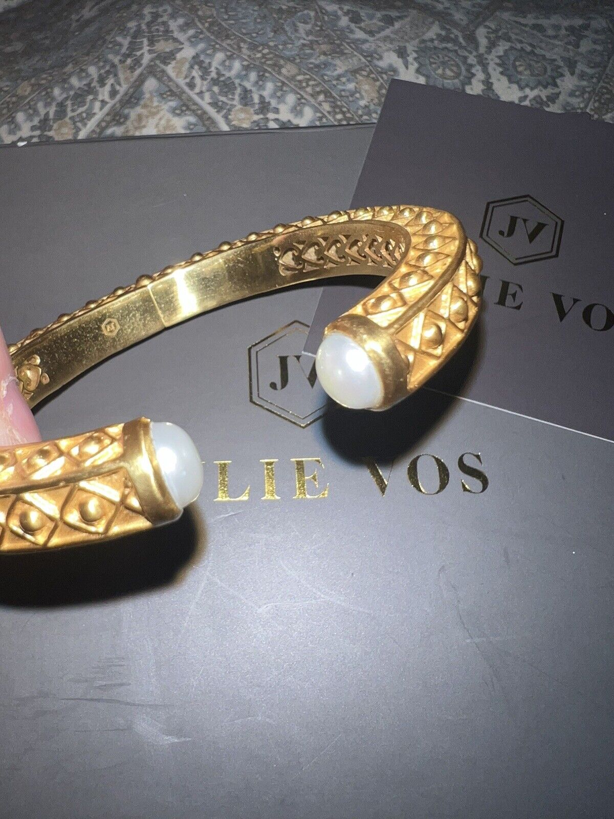 NEW Julie Vos Cuff Hinged Bangle Bracelet 24k Gold Plated & Pearl NWOT