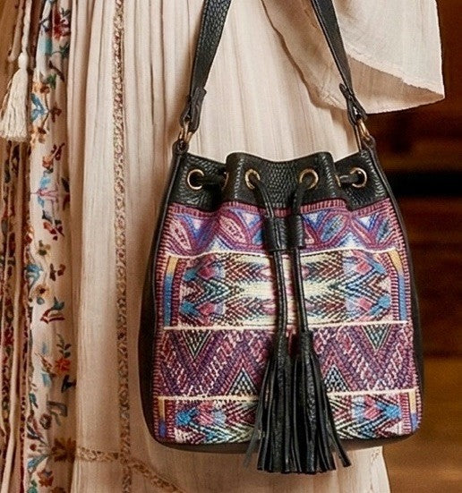 Johnny Was Black Leather Tote Bag Purse Crossbody Beautiful Embroidery Johnny Was