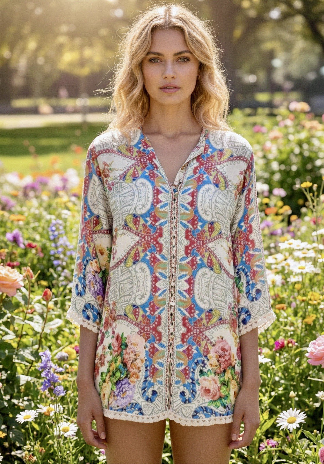 Johnny Was L Large 100% Silk Blouse Tunic Top Shirt Lace Hem Button Up Johnny Was