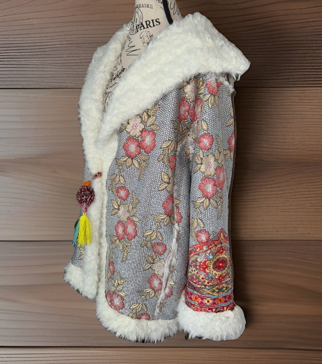 Johnny Was XXL Plus Faux Fur Sherpa Coat Jacket Silver & Pink Shearling Tassels Johnny Was