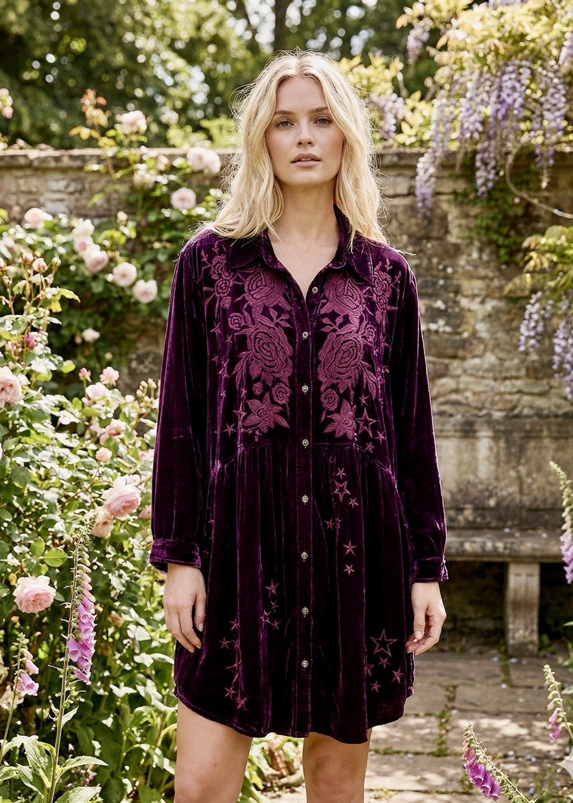 Johnny Was 1X Burgundy Wine Velvet Embroidery Shirt Peplum Top Button Babydoll Johnny Was