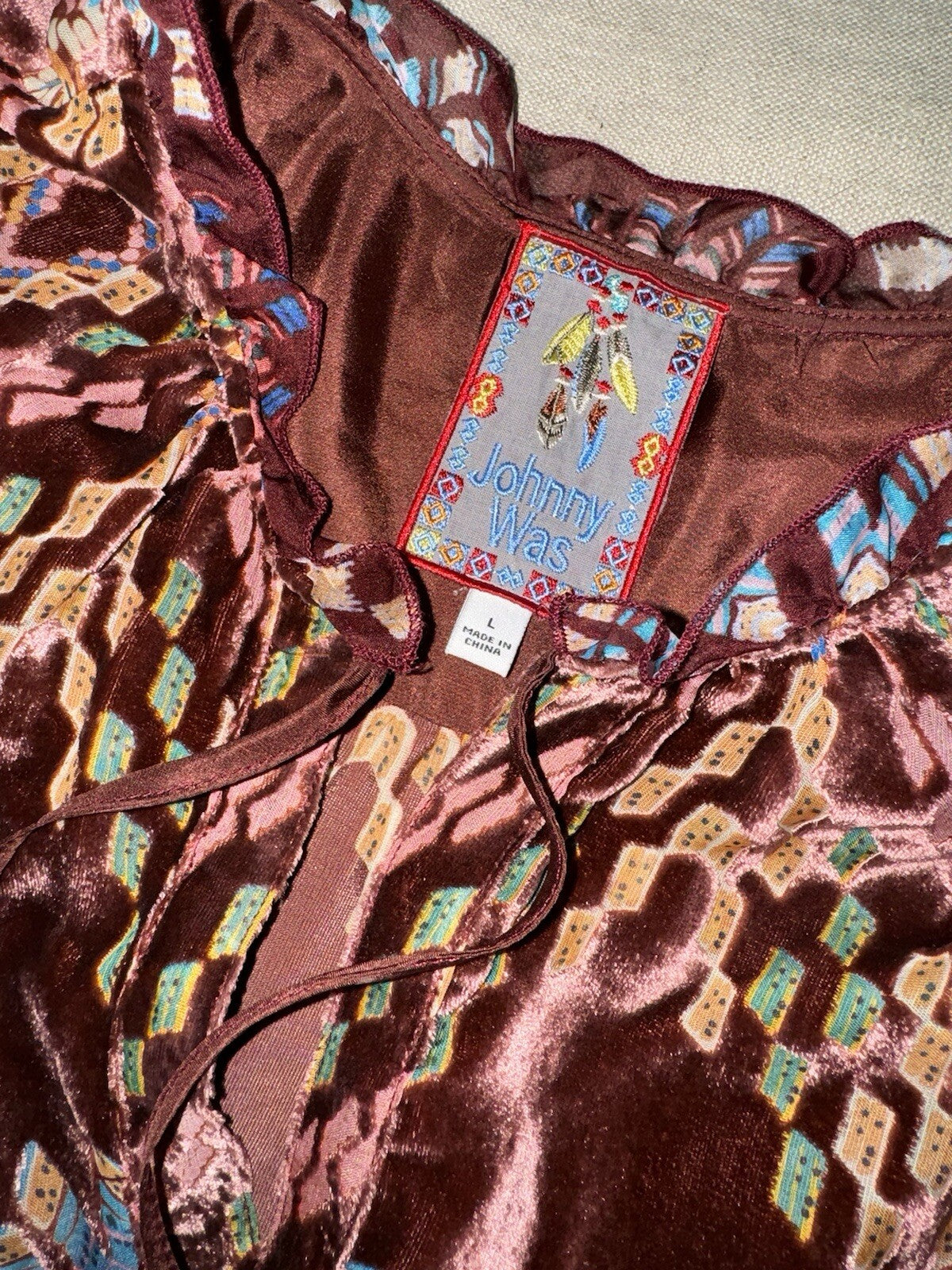 Johnny Was Brick Red Geometric Burnout Velvet Tunic Top L Large Peasant Johnny Was